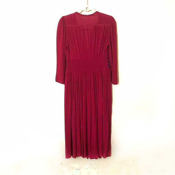 Free People Cranberry V-Neck Midi Dress with Embroidered Flowers, Size S… - Picture 2 of 7